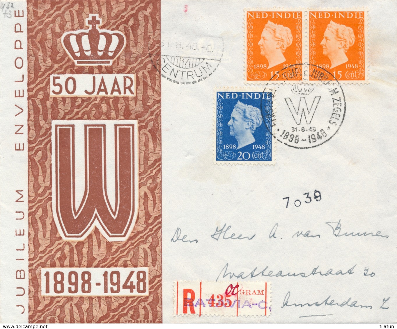 Nederlands Indië - 1948 - Overcomplete Jubileumserie Op R-cover FDC Van Batavia Naar Amsterdam - Nederlands-Indië