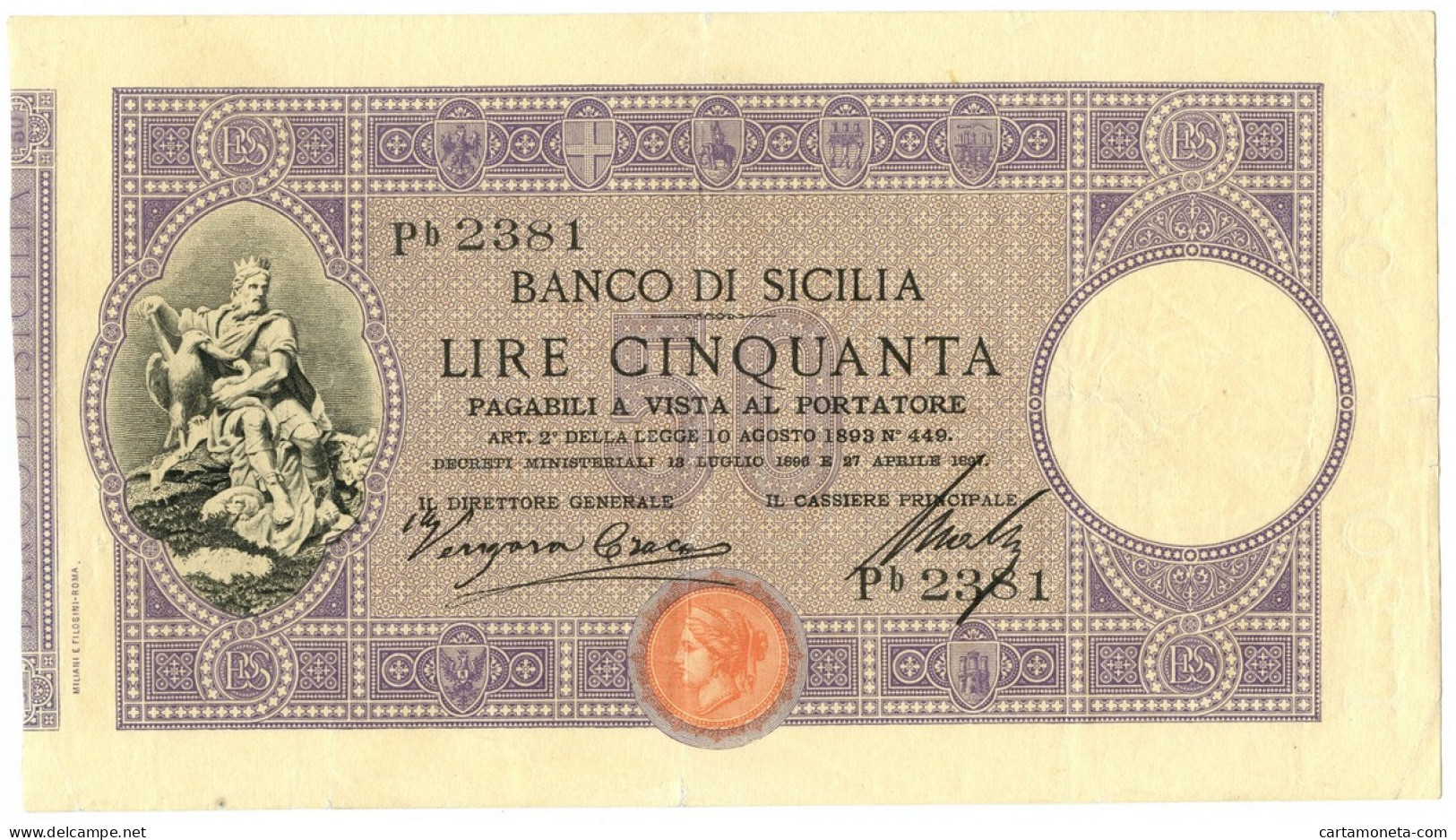 50 LIRE BANCO DI SICILIA BIGLIETTO AL PORTATORE PRIMA DATA 27/04/1897 BB/BB+ - Altri & Non Classificati