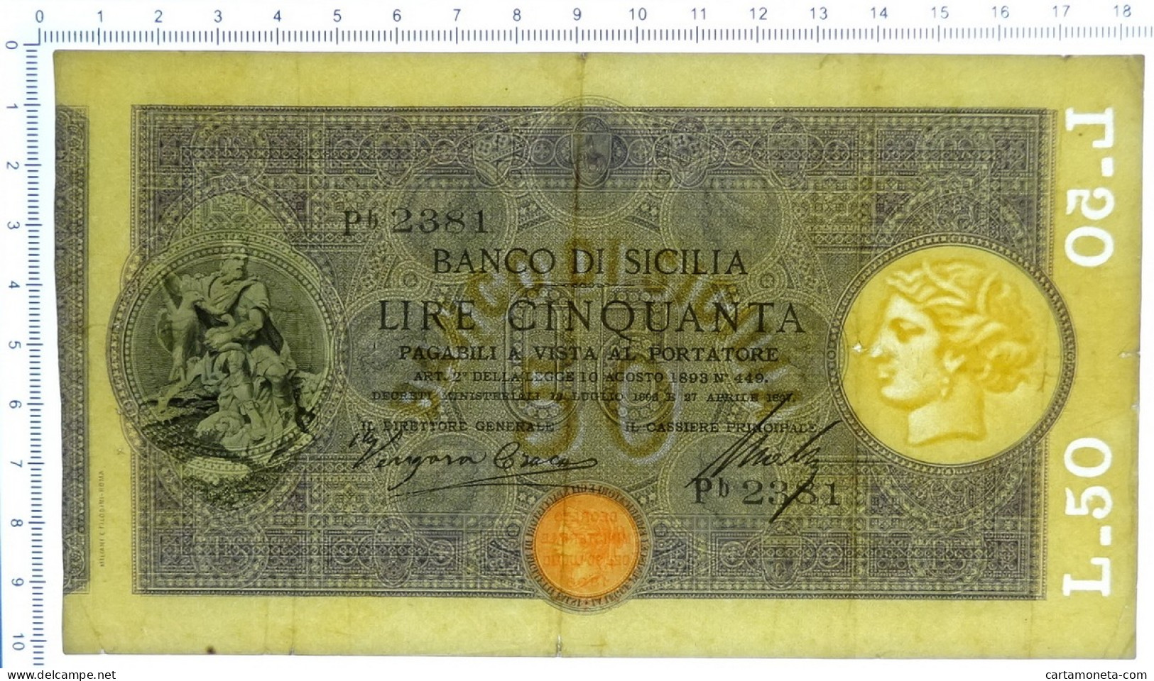 50 LIRE BANCO DI SICILIA BIGLIETTO AL PORTATORE PRIMA DATA 27/04/1897 BB/BB+ - Altri & Non Classificati