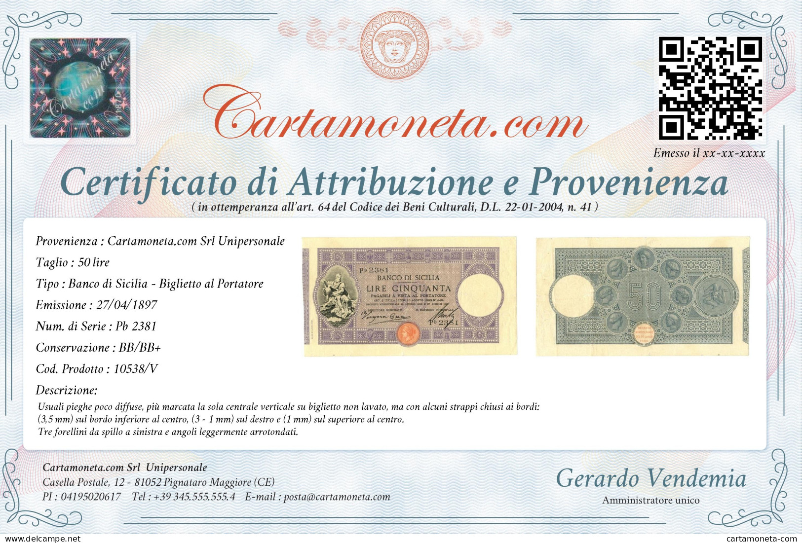 50 LIRE BANCO DI SICILIA BIGLIETTO AL PORTATORE PRIMA DATA 27/04/1897 BB/BB+ - Other & Unclassified