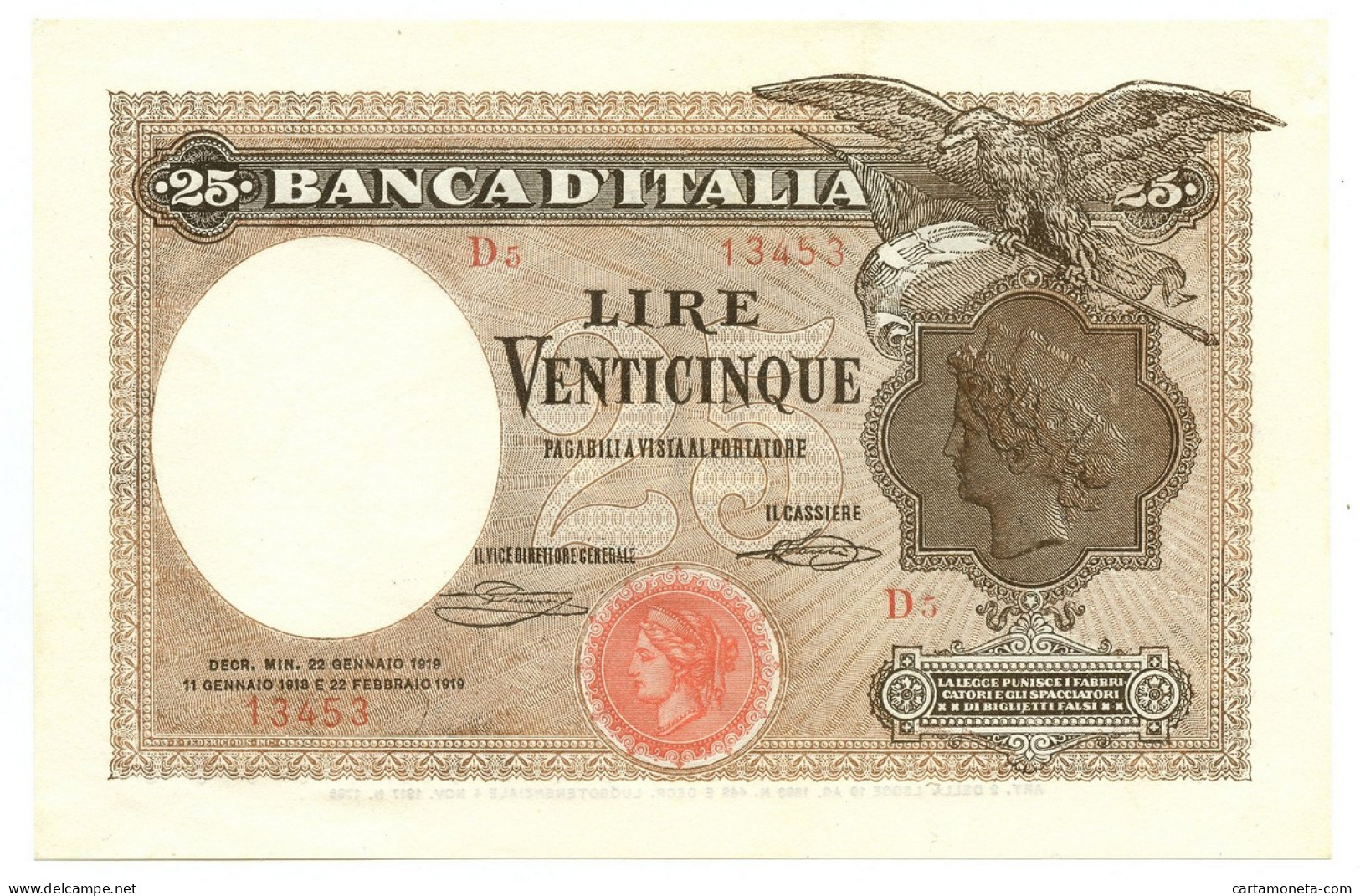 25 LIRE BANCA D'ITALIA AQUILA CON BANDIERA SABAUDA 22/01/1919 QFDS - Regno D'Italia – Autres