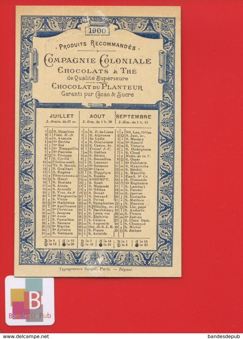 Chocolat Du Planteur Jolie Chromo Calendrier Trimestriel Ville De Marseille Midi De La France Goupil Homme Femme - Petit Format : ...-1900
