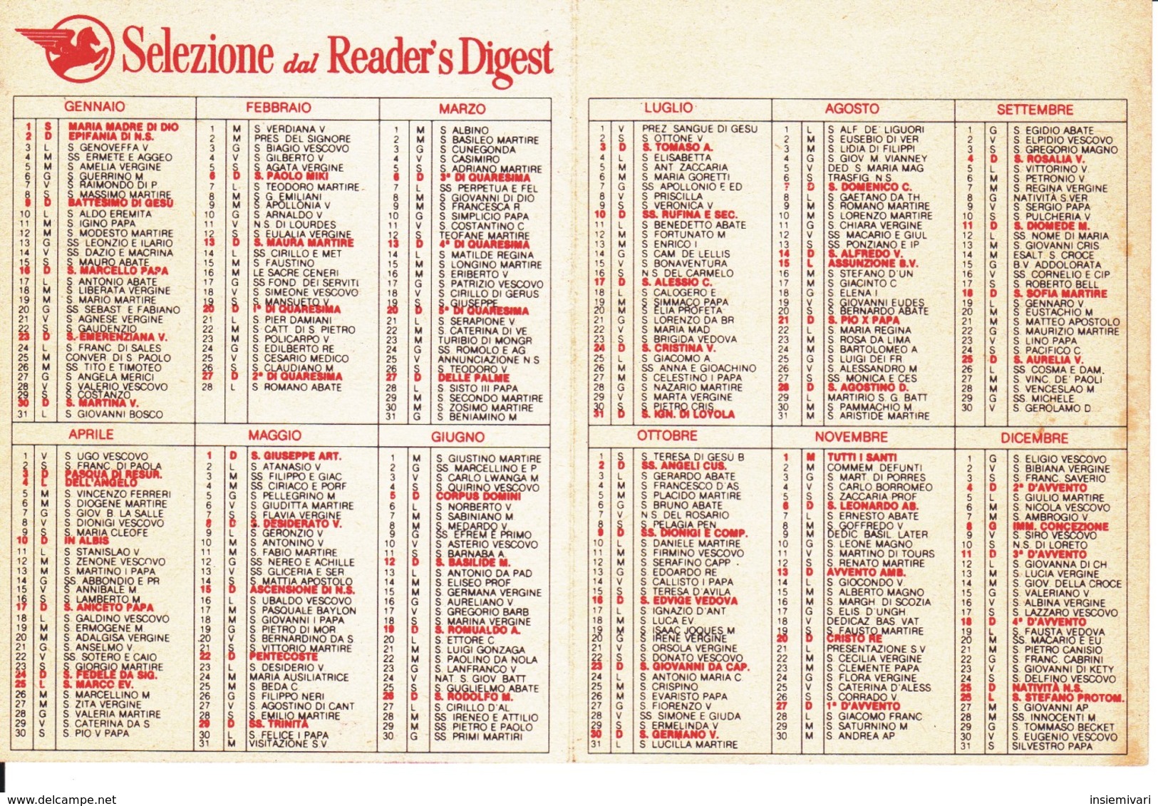 CALENDARIETTO SELEZIONE READERS DIGEST 1983. - Formato Piccolo : 1981-90