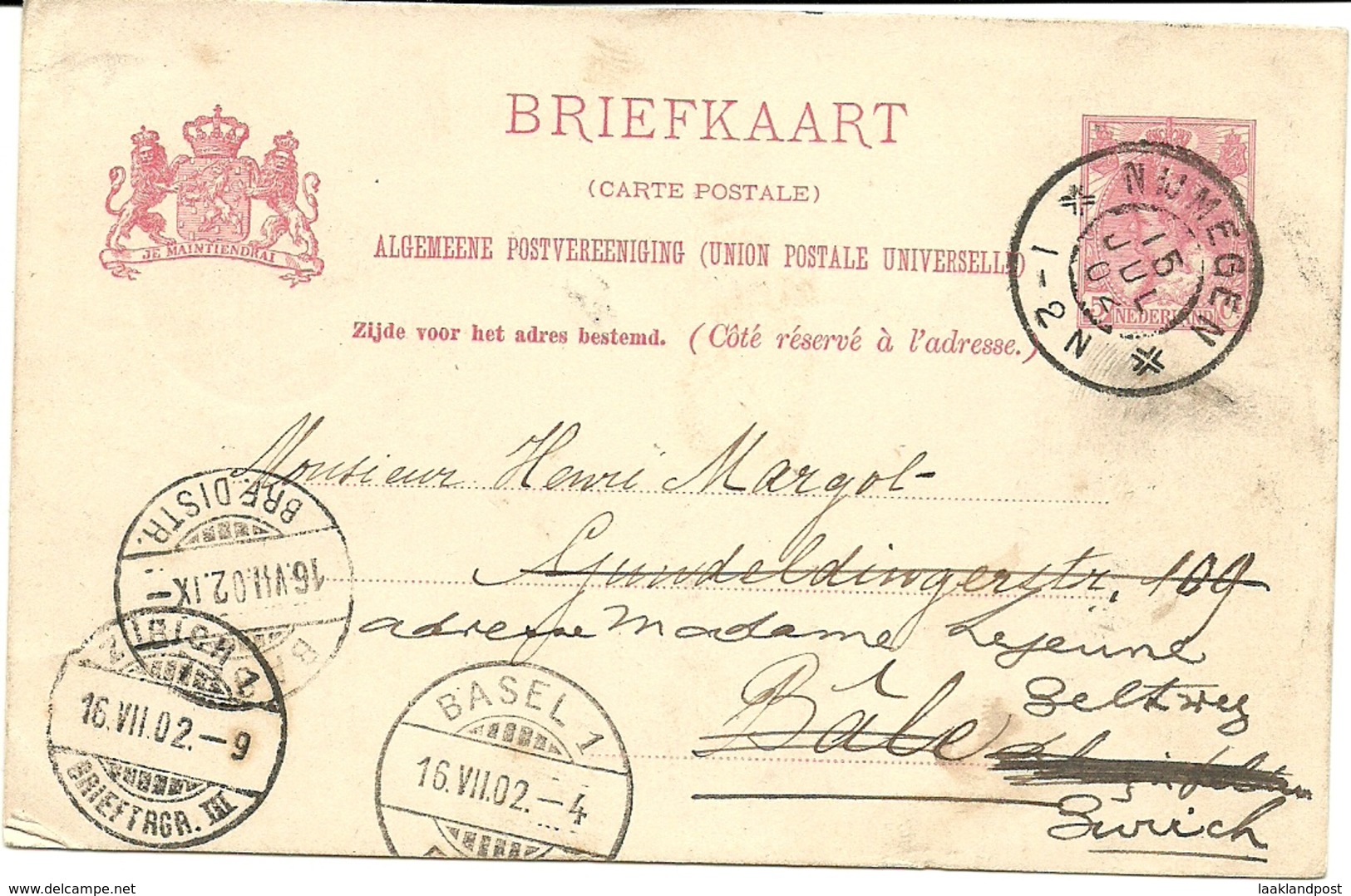 Postcard Nijmegen 15/7/1902 To Bale, Resent To Zurich 16/7/1902 - Brieven En Documenten