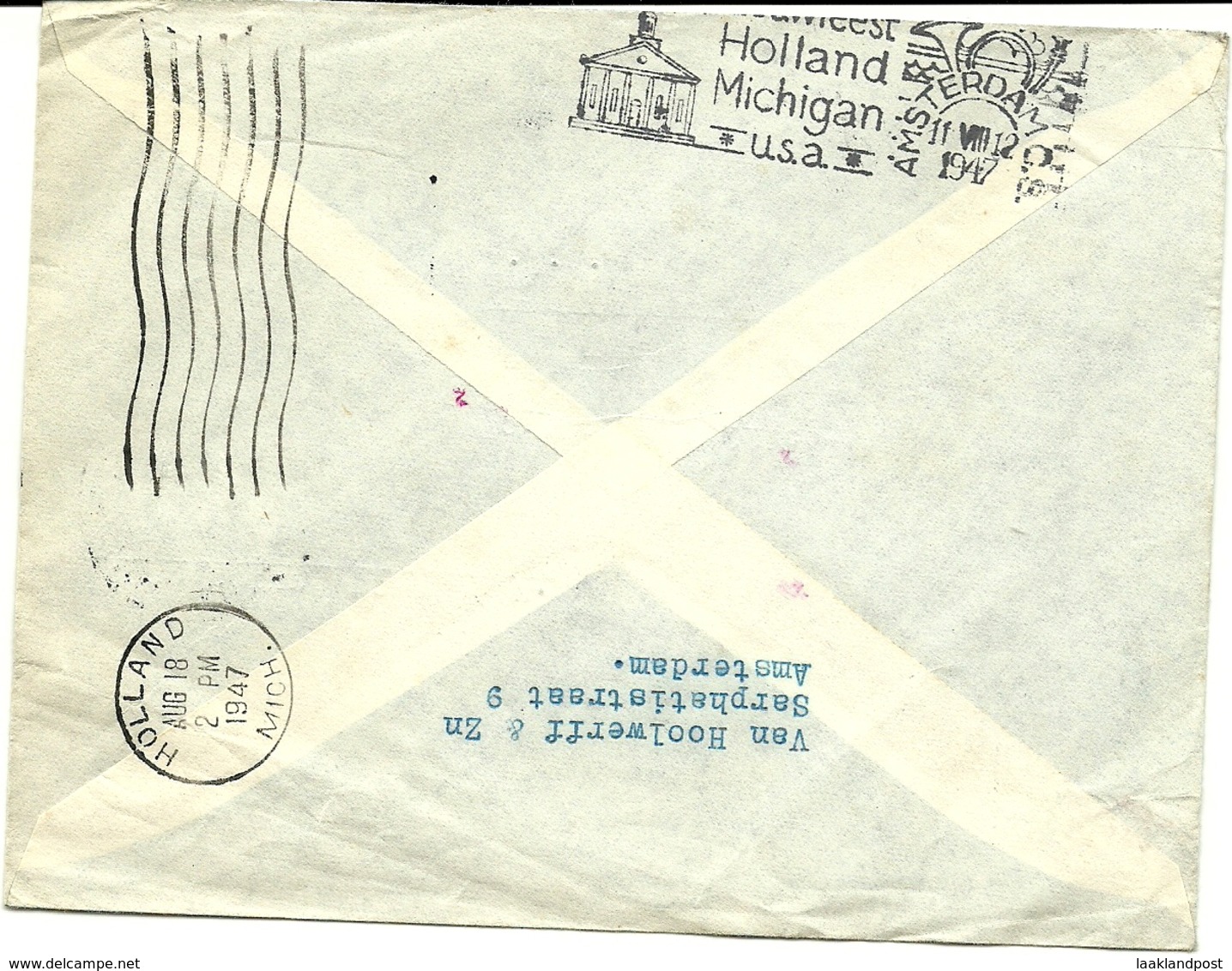 Airmail Adam 8/8/1947 To Holland (Michgan) Retour, Slogan Eeuwfeest Holland Michigan USA - Brieven En Documenten