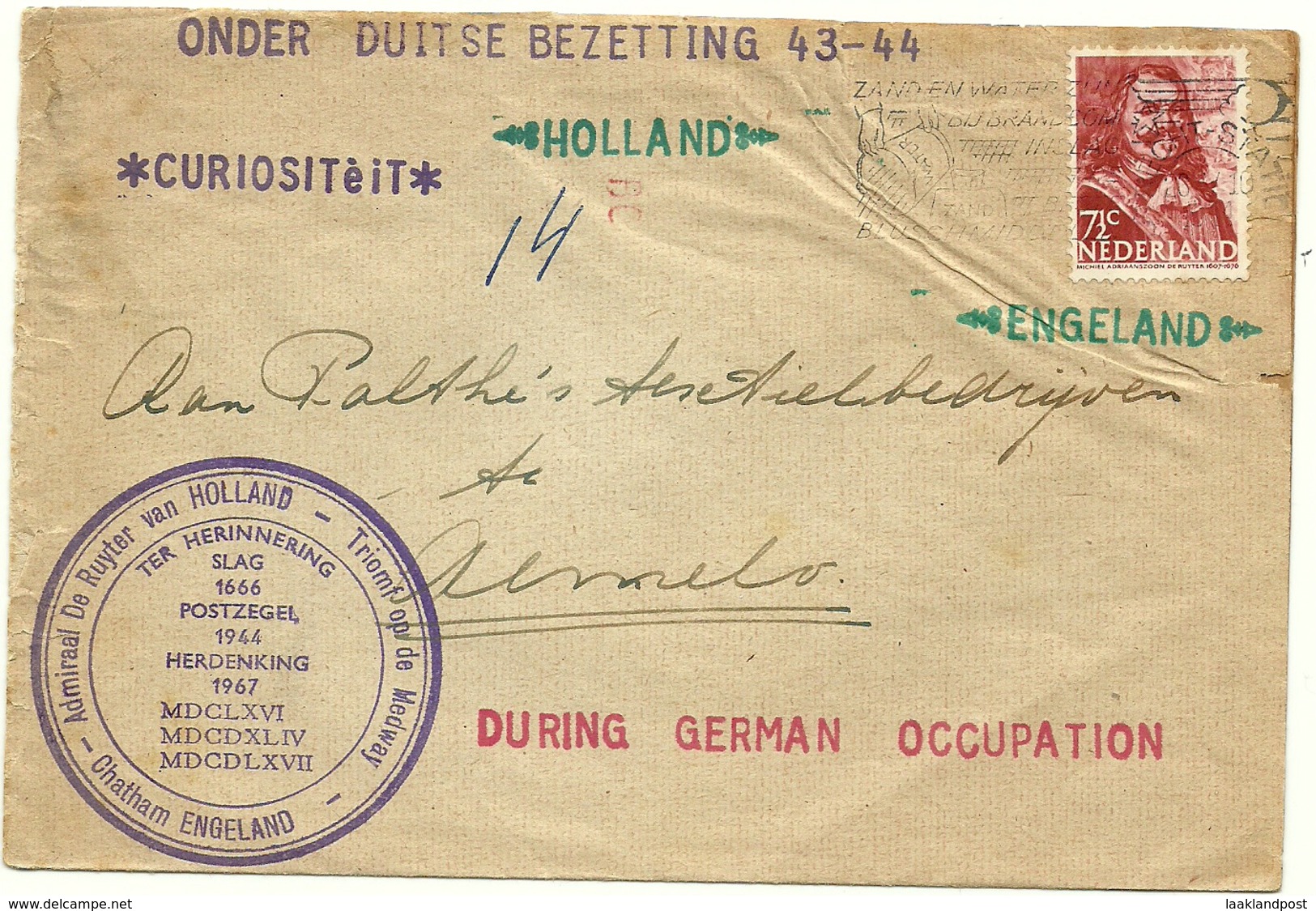 Cover Admiraal De Ruyter Herdenking, Slag 1944, During German Occupation, Venlo 3/5/1944 - Brieven En Documenten