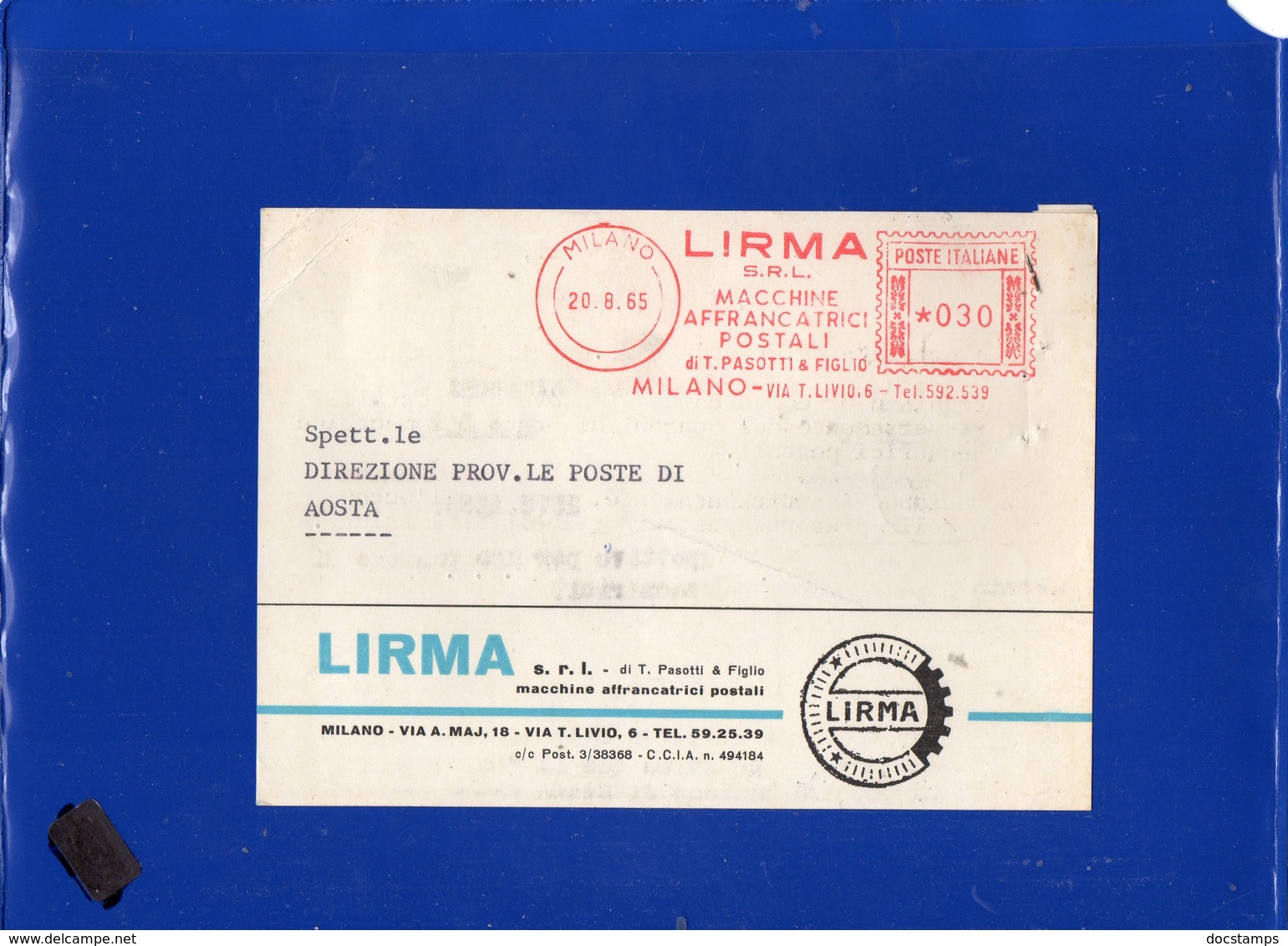 ##(DAN197)-Italia 1965-Cartolina Da  Milano Per Aosta,affrancatura Meter - EMA LIRMA Srl-Macchine Affrancatrici Postali - Franking Machines (EMA)