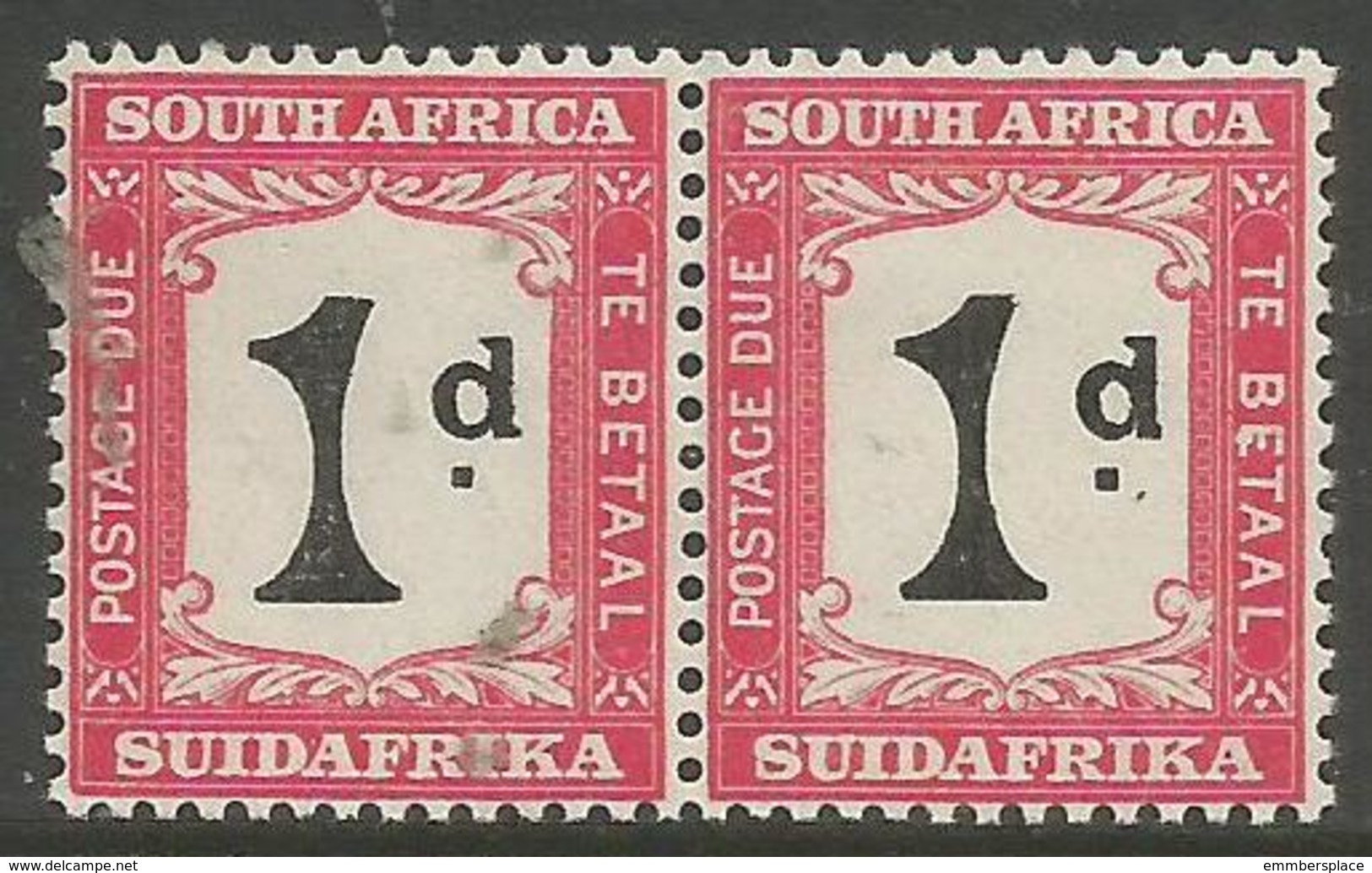 South Africa - 1927 Postage Due 1d Pair  MH *  (white Dot In E Of Betaal)  SG D18 - Postage Due