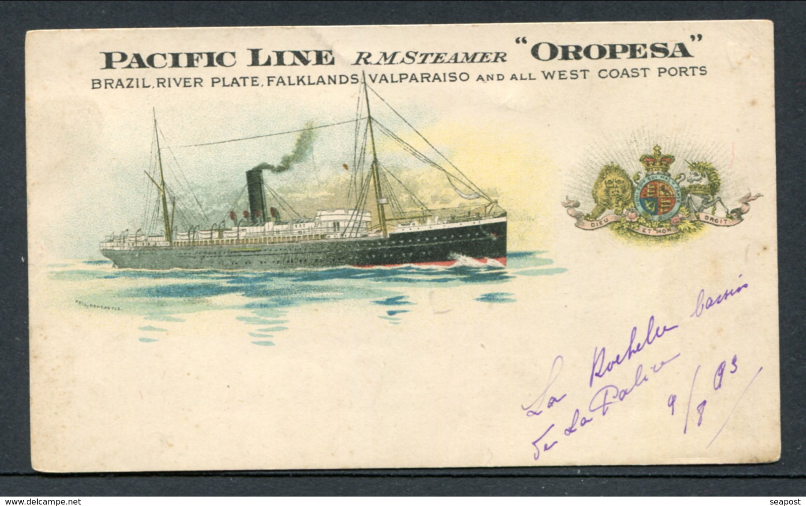 C1903 LITHO PC PACIFIC LINE RM STEAMER "OROPESA" -- ANDREW REID LITHO PC - Steamers