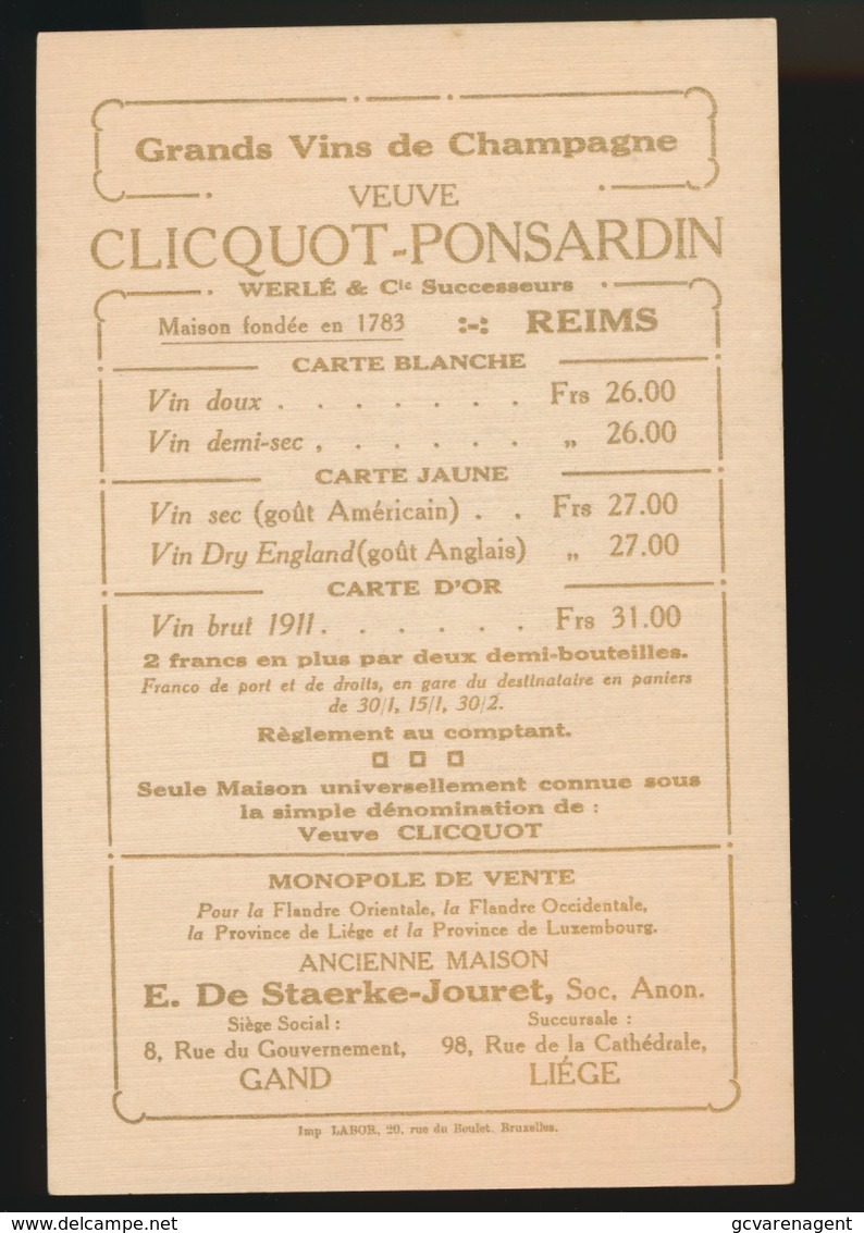 RECLAME  - PRIJSLIJST  GRANDS VINS DE CHAMPAGNE - E.DE STAERCKE - JOURET : 8 RUE DU GOUVERNEMENT - Gent