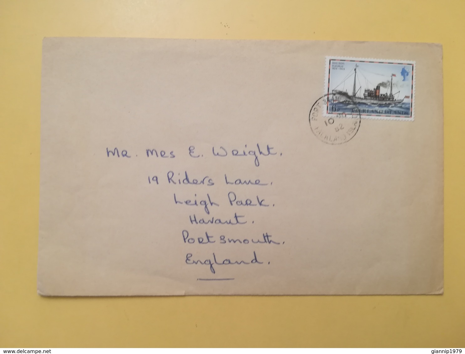 1982 BUSTA ISOLE FALKLAND BOLLO MAIL SHIP NAVI ANNULLO PORT STANLEY STORIA POSTALE - Falklandinseln