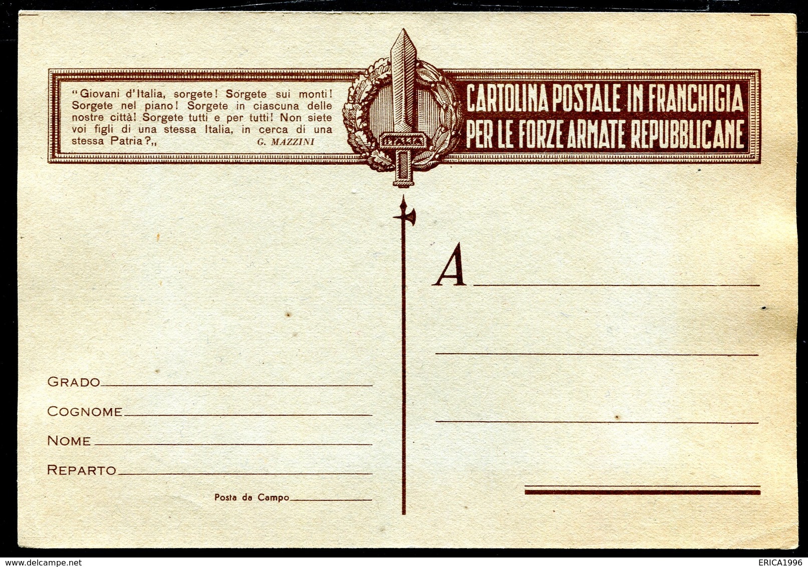 Z1540 ITALIA RSI Franchigia Militare 1944 Cartolina Postale Per Le Forze Armate Repubblicane, Fil. F88-2, Non Viaggiata, - Interi Postali