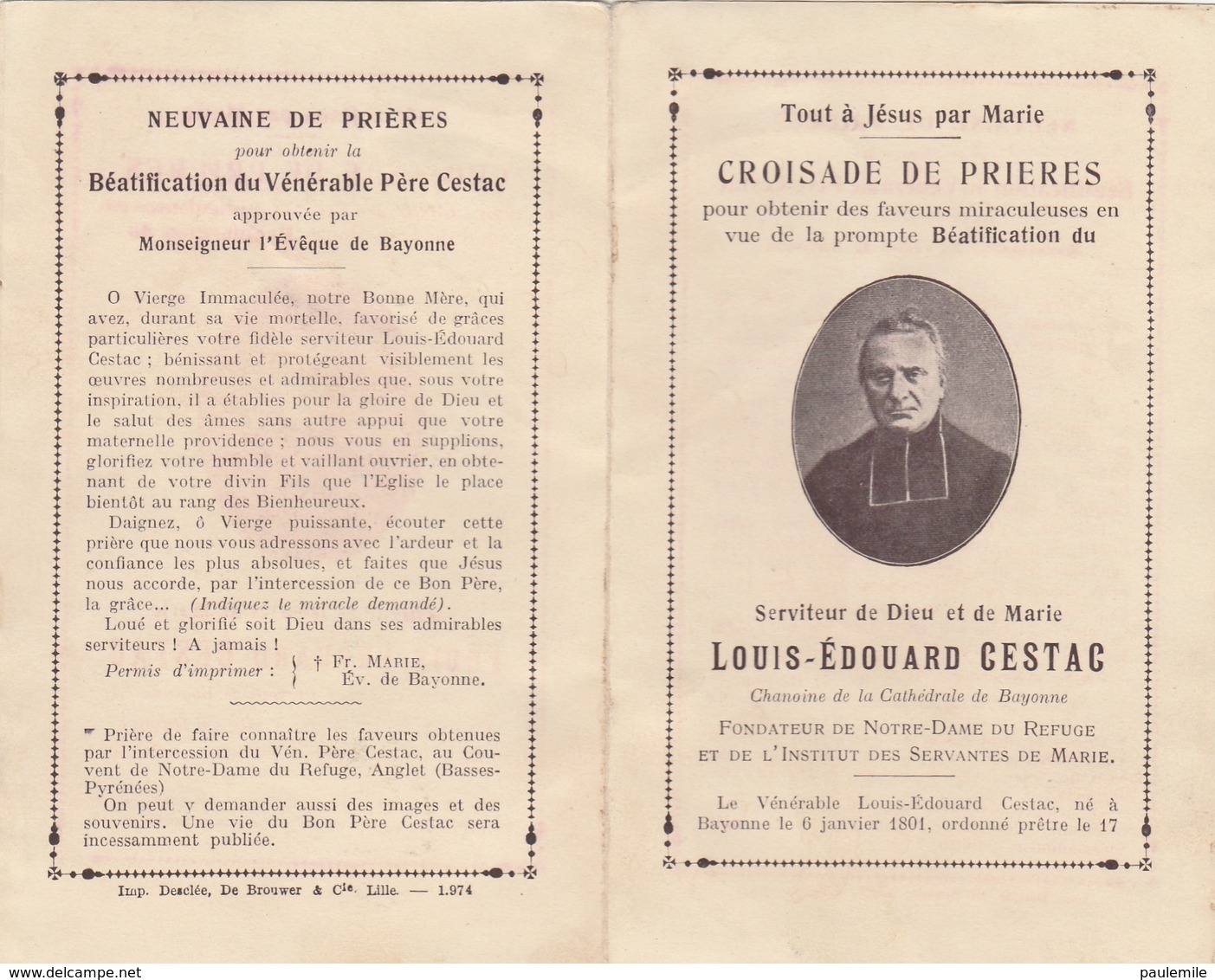 CROISADE DE PRIERE  SERVITEUR DE DIEU ET DE MARIE LOUIS EDOUARD CESTAC CHANOINE   NE A BAYONNE LE 6.1.1801C - Religión & Esoterismo