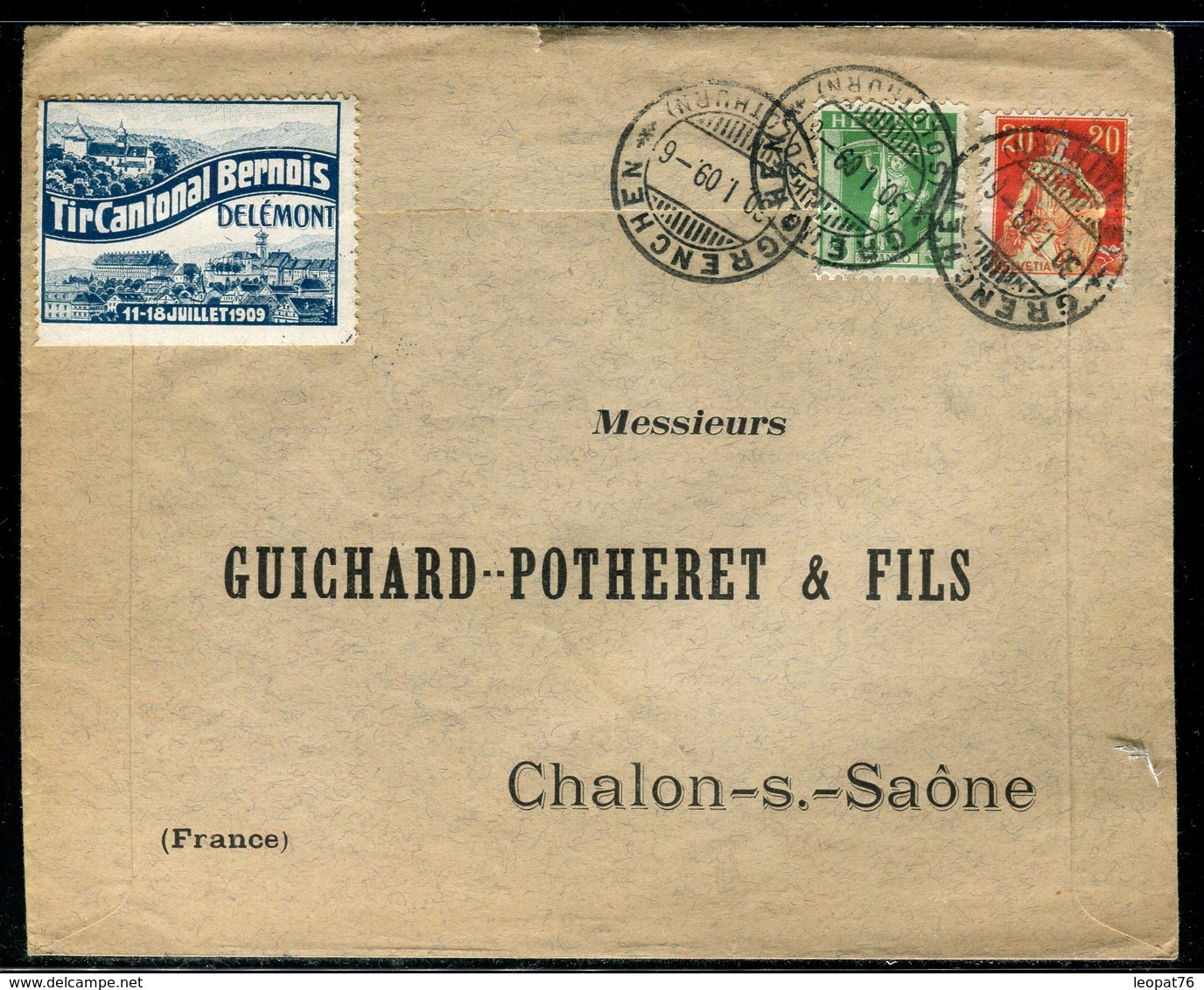 Suisse - Enveloppe De Grenchen Pour La France En 1909 Avec Vignette De Delémont -  Réf JJ 89 - Storia Postale