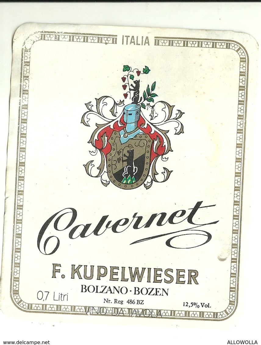 4581 "CABERNET-F. KUPELWIESER-BOLZANO-BOZEN "- ETICHETTA ORIGINALE - Vino Rosso