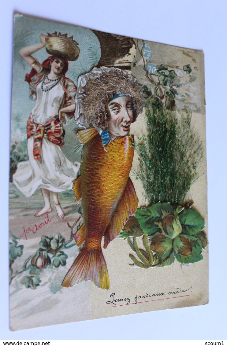 DECOUPIES MOTIFS 1ER AVRIL  POISSON A TETE D HOMME NOISETTES GRAMINES PRENEZ GARDE AUX ARETES 16,9 Cm X 12,8cm - Other & Unclassified