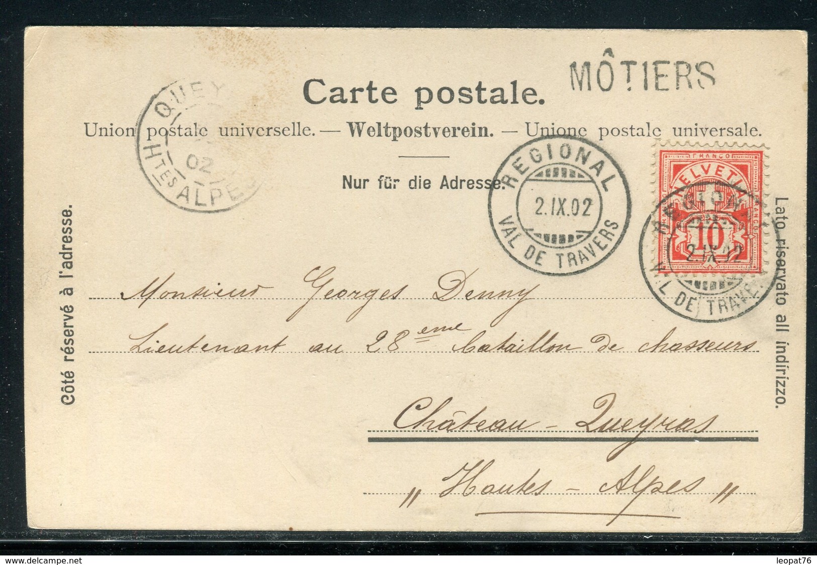 Suisse - Oblitération " Regional Val De Travers " + Griffe Môtiers Sur Carte Postale En 1902 Pour La France - Réf JJ 101 - Marcophilie