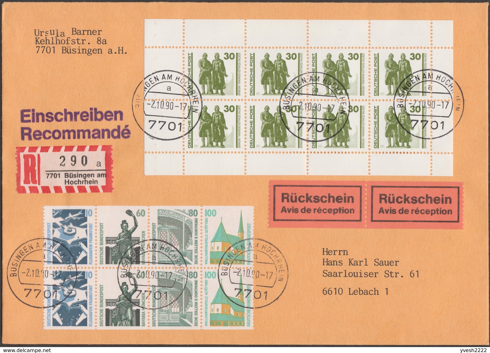 Allemagne 1990 Y&T DDR 2948 En Bloc De 8 Et RFA C1238b Sur Recommandé AR. Courte Période De La  Réunification - Storia Postale