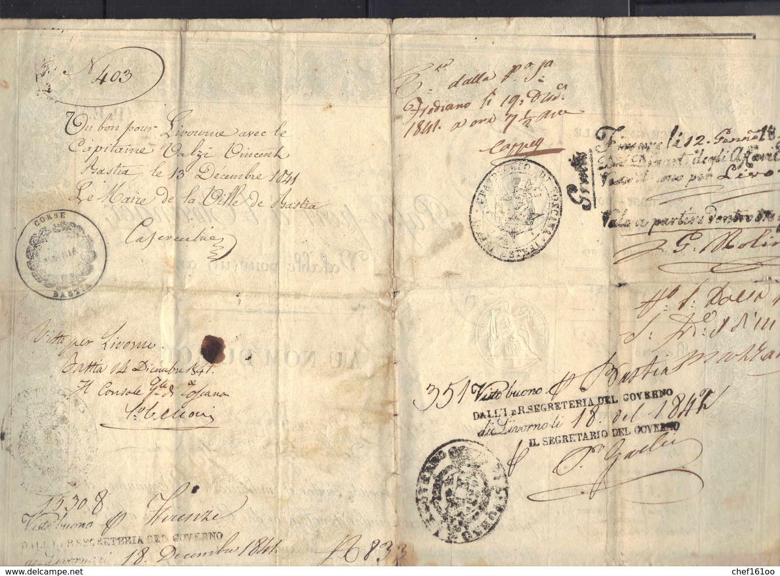 Passeport à L'étranger Fait à Ajaccio (Corse), Nombreux Cachets, Voir Scans, 1841. - Otros & Sin Clasificación