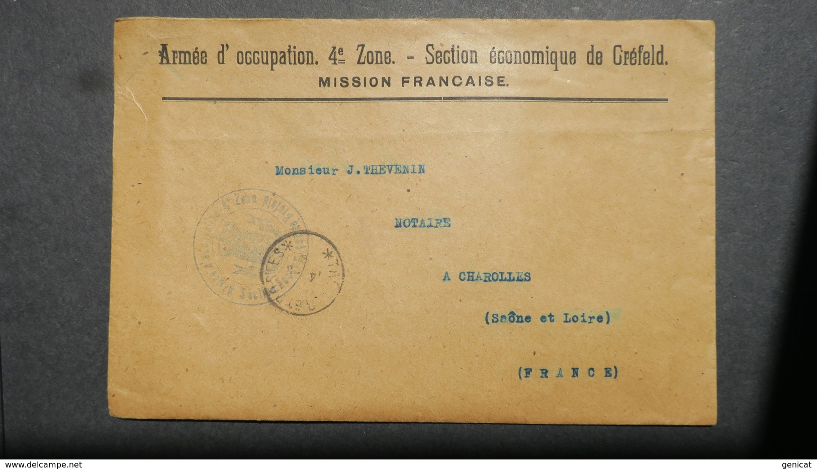 Lettre Armée D'Occupation 4e Zone Mission Française De Créfeld ( Krefeld ) 1919 En Franchise - 1. Weltkrieg 1914-1918