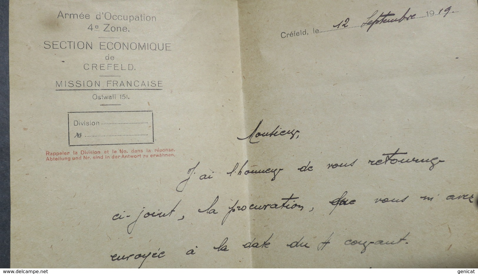 Lettre Armée D'Occupation 4e Zone Mission Française De Créfeld ( Krefeld ) 1919 En Franchise - 1. Weltkrieg 1914-1918