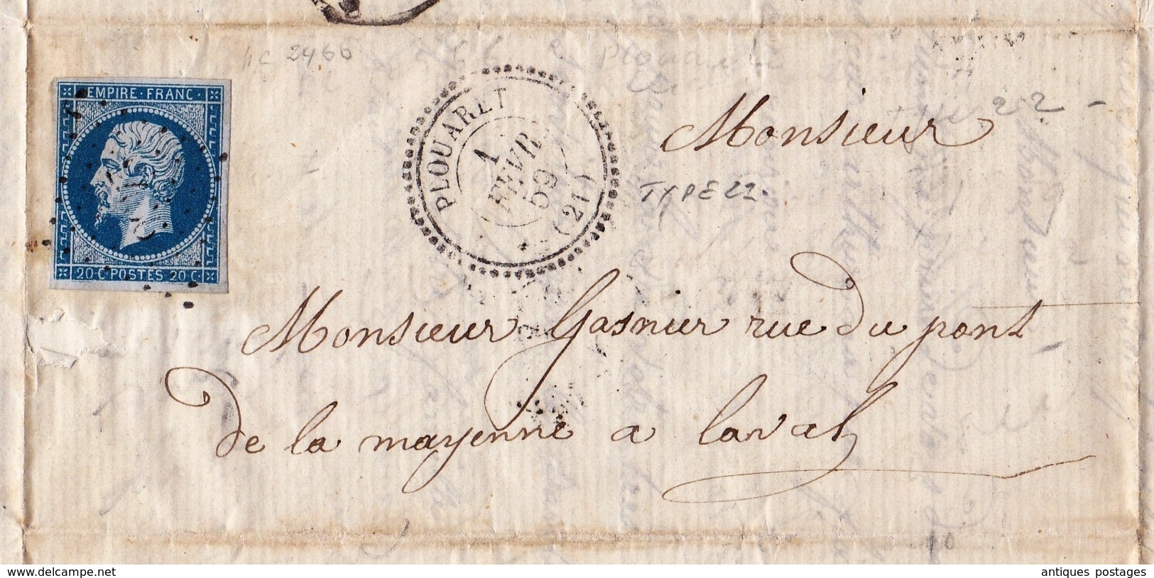 Lettre 1859 Plouaret Manoir Guernac'hanay Côtes D'Armor Bretagne Lannion Laval Mayenne Timbre Napoléon III 20 Centimes - 1853-1860 Napoleone III