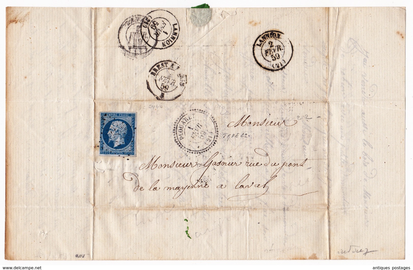 Lettre 1859 Plouaret Manoir Guernac'hanay Côtes D'Armor Bretagne Lannion Laval Mayenne Timbre Napoléon III 20 Centimes - 1853-1860 Napoléon III.