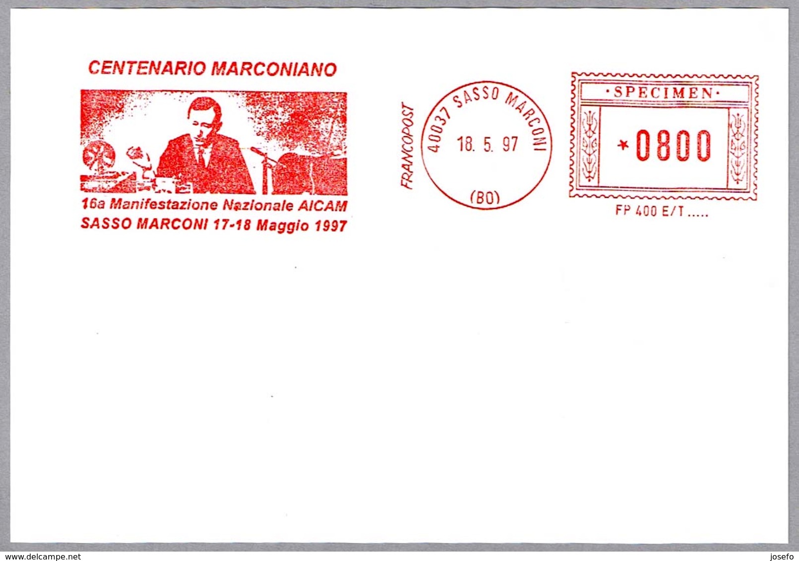 Franqueo Mecanico GUGLIELMO MARCONI - Meter. SPECIMEN. Sasso Marconi, Italia, 1997 - Telecom