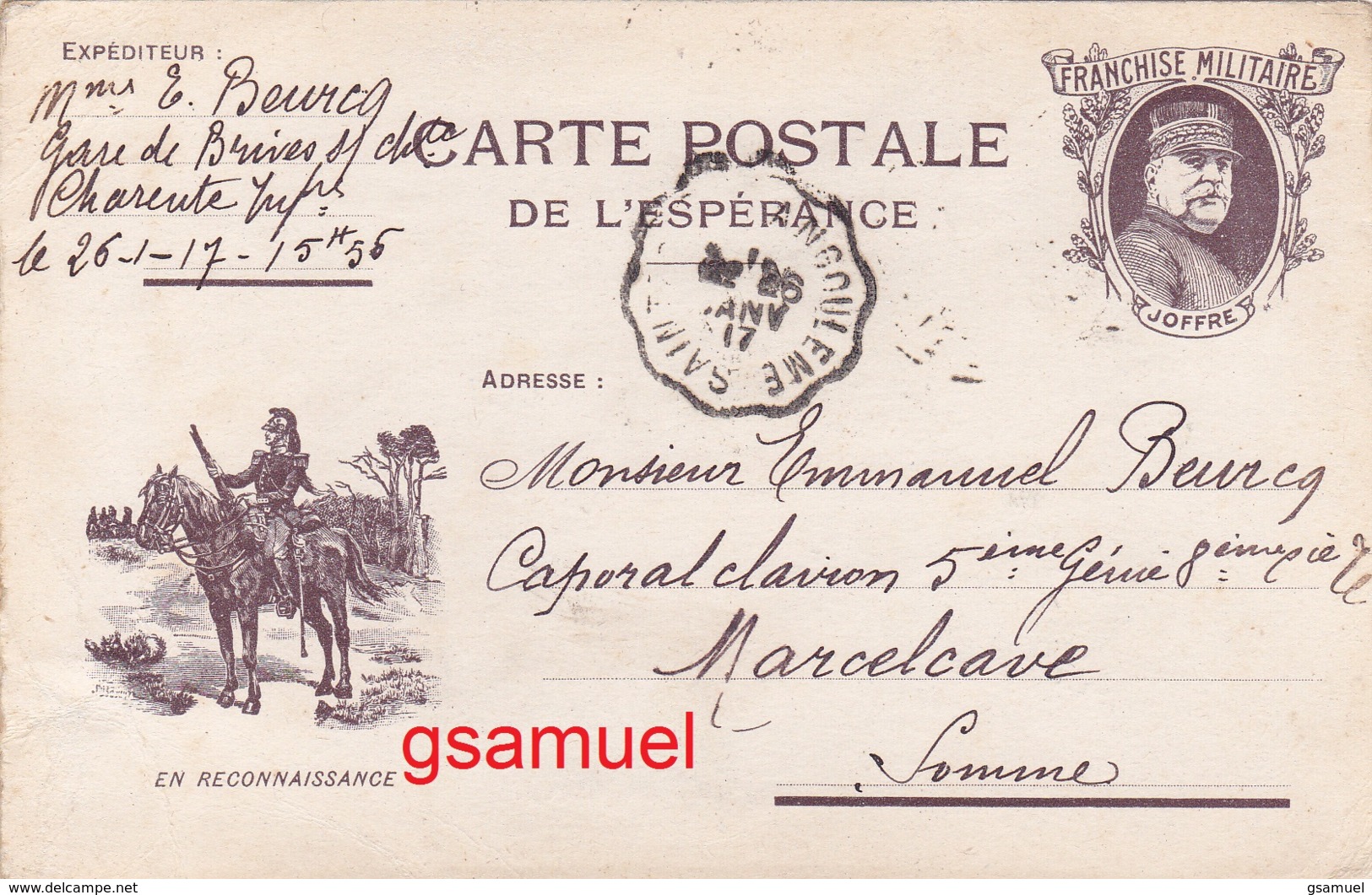 D Carente Maritime – 1917 - Carte Postale De L'espérance – Franchise  Militaire - En Reconnaissance (Caporal 5è Génie). - War 1914-18