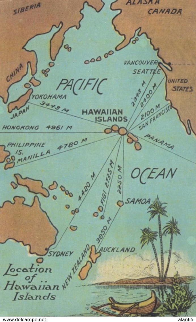 Hawaii Islands On Map Of Pacific Ocean,Distances To Samoa, Hong Kong, Yokohama, Manilla, C1900s/10s Vintage Postcard - Other & Unclassified