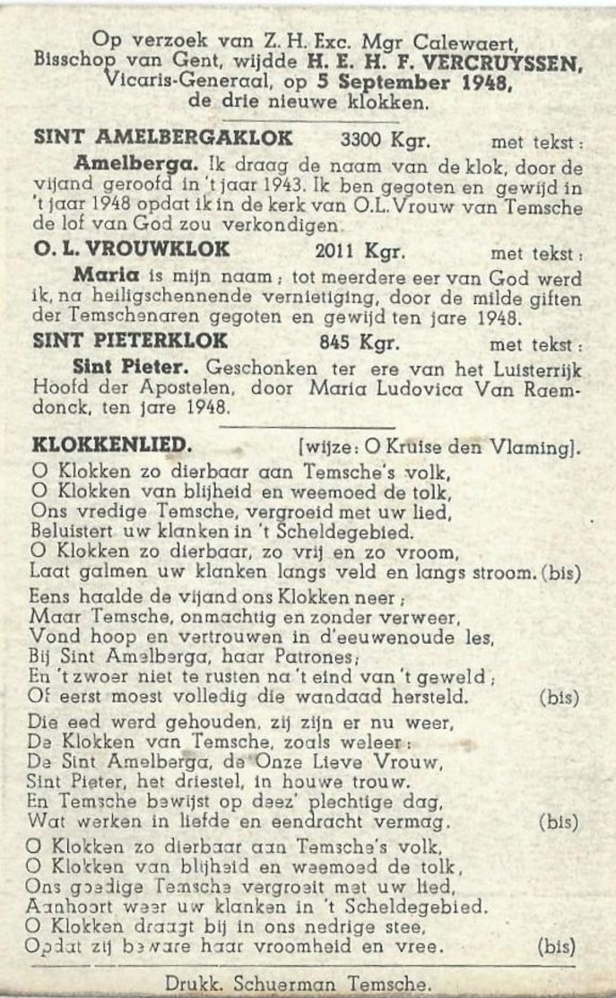 TEMSE- Wijding Van De 3 KLOKKEN-1948- - Documents Historiques