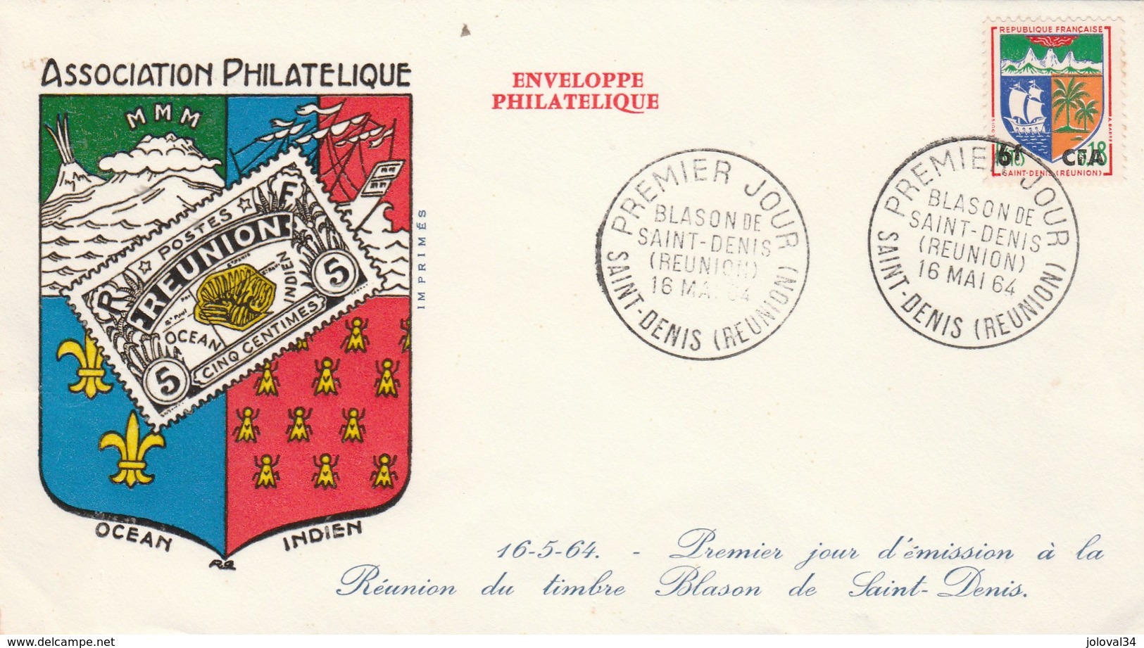 REUNION FDC Yvert  346B Blason St Denis  16/5/1964 - Illustration 1 - Lettres & Documents