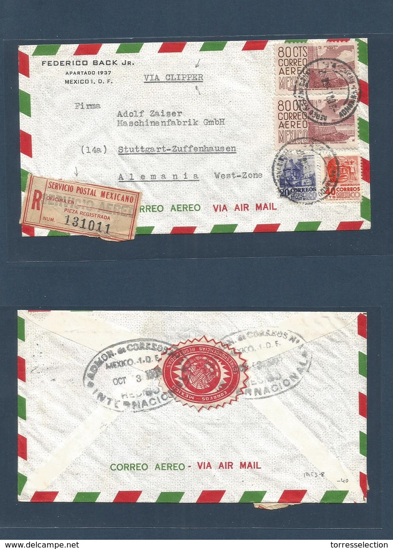 Mexico - XX. 1953 - 8. DF - Germany, West Zone, Stuttgart. Registered Air Multifkd Env "Via Clipper". - Mexique