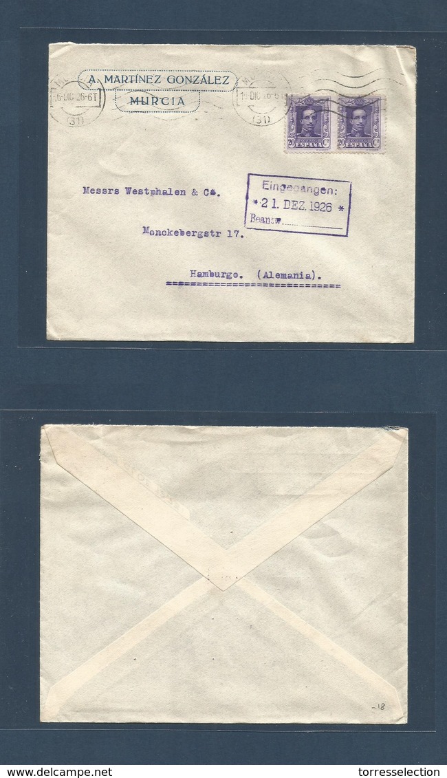 E-PROVINCIAS. 1926 (16 Dic) 316º (x2) MURCIA - Alemania, Hamburgo (21 Dic) Sobre Franqueado Mat Rodillo. Bonito. - Autres & Non Classés