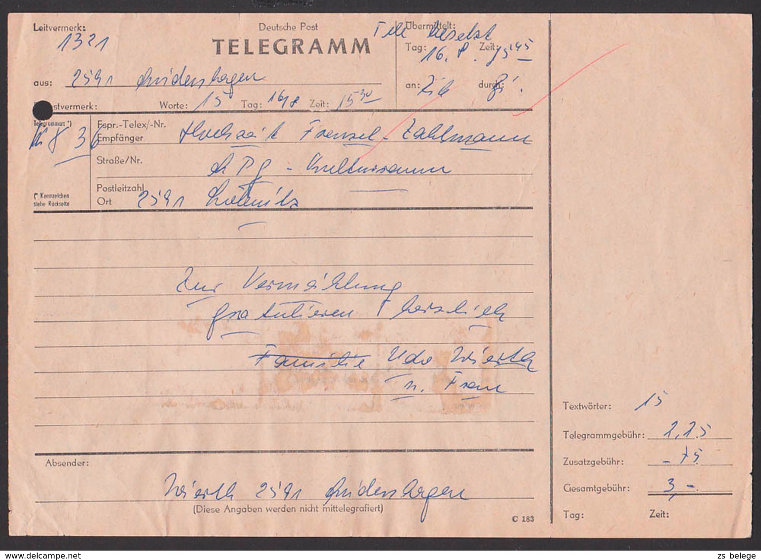 Telegramm Formular Aus Dem Jahr1972, Frankiert Mit 1 (M) Walter Ulbricht, Porto 3,00 Mit Lx  36 Gewünscht - Andere & Zonder Classificatie