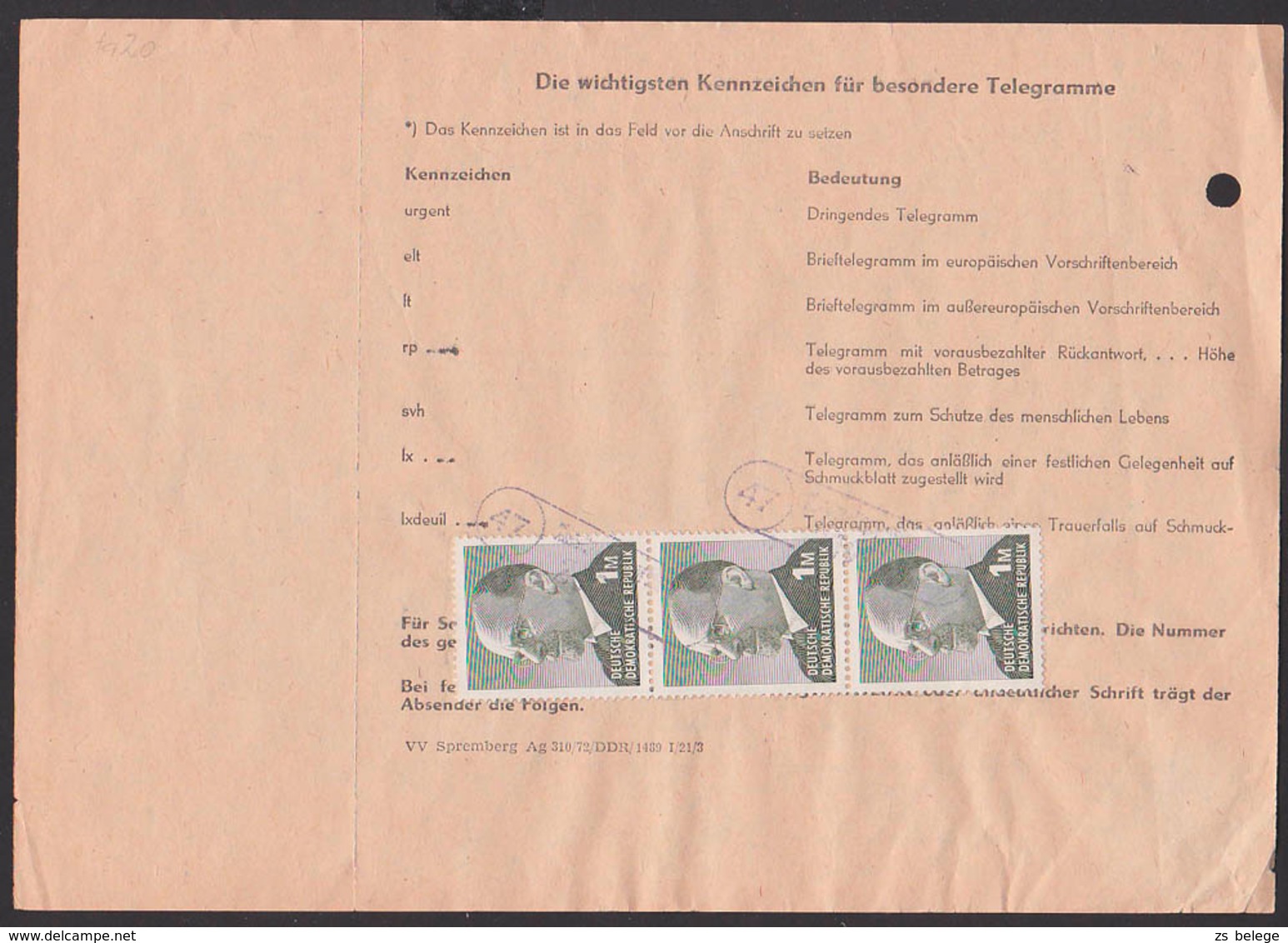 Telegramm Formular Aus Dem Jahr1972, Frankiert Mit 1 (M) Walter Ulbricht, Porto 3,00 Mit Lx  36 Gewünscht - Andere & Zonder Classificatie