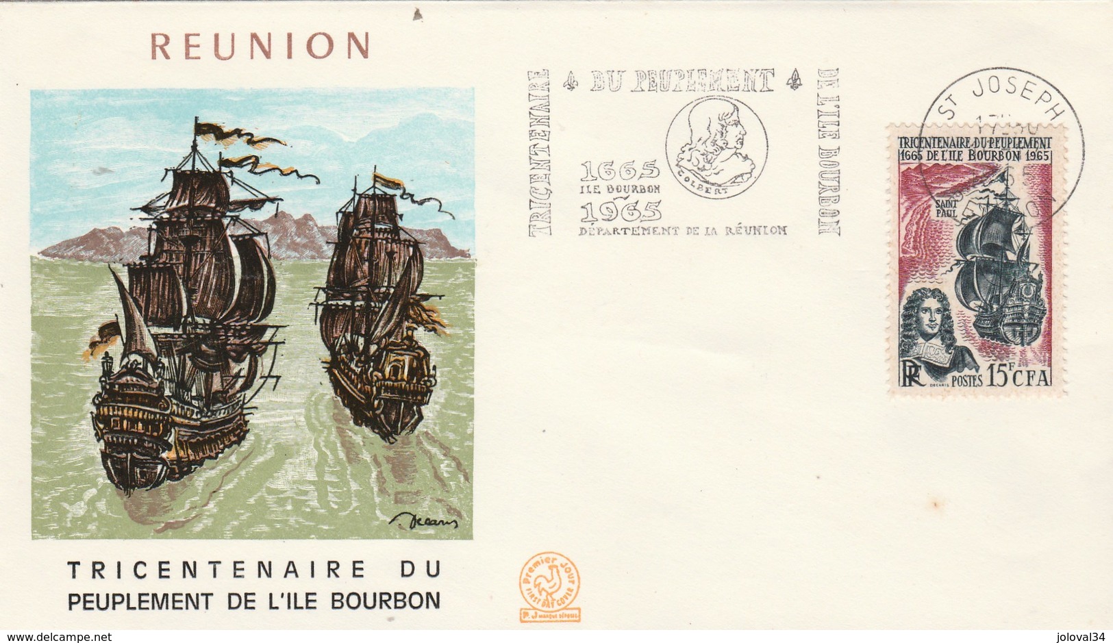 REUNION   Yvert 365 Peuplement Ile Bourbon - Cachet Flamme St Joseph 1965 - Illustration 1 - Covers & Documents