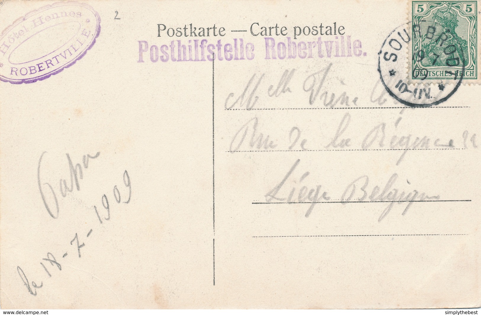 353/29 - CANTONS DE L' EST - Posthilfstelle ROBERTVILLE - Carte-vue Gruss Aus Warchethal TP Germania SOURBRODT 1909 - Weismes