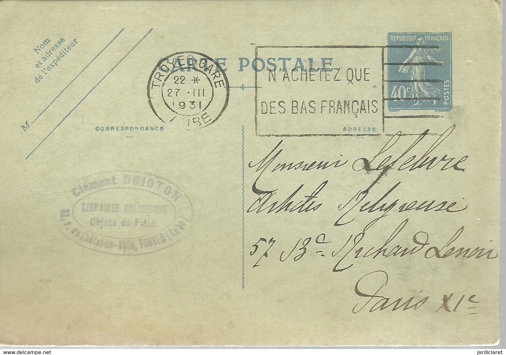 CARTE POSTALE  TROYES- GARE 1931 - Enteros Administrativos