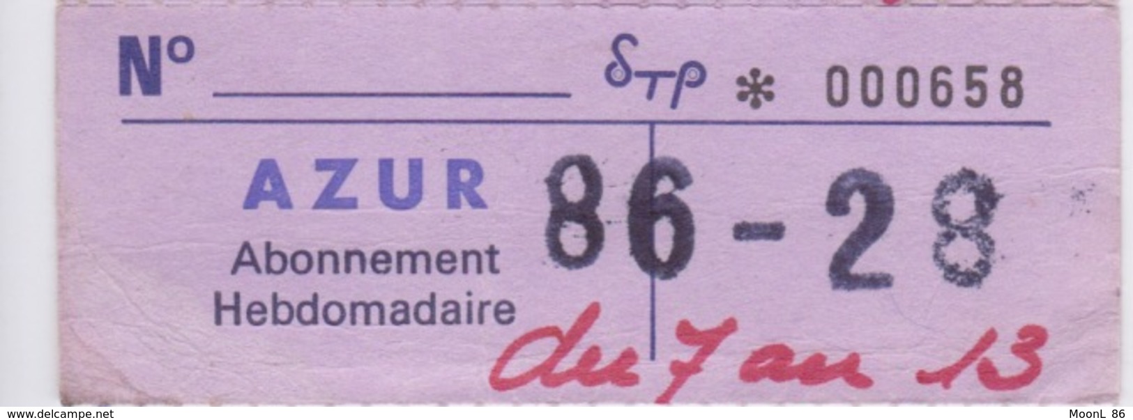 TICKET DE BUS  AZUR  STP VIENNE - ABONNEMENT HEBDOMADAIRE - Europe