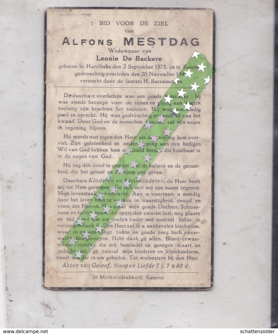 Alfons Mestdag-De Backere, Geboren Harelbeke 1873, Overleden Kuurne 1945 - Overlijden