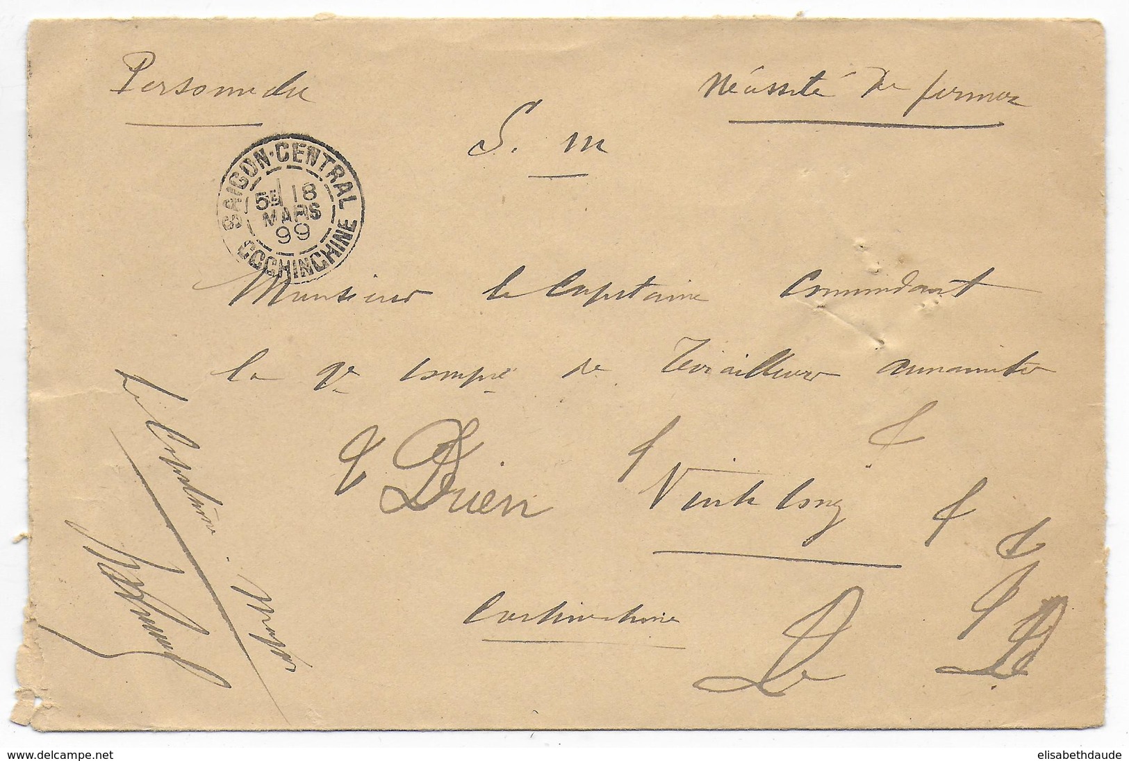 COCHINCHINE - 1899 - ENVELOPPE FM De SAÏGON => TIRAILLEURS ANNAMITES De VINHLONG - Lettres & Documents