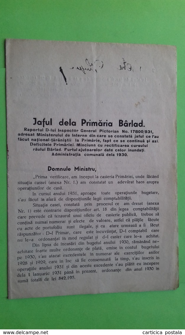 Romania, Roumanie, Rumanien - Vaslui Barlad 1930 Partidul National Liberal - Documentos Históricos