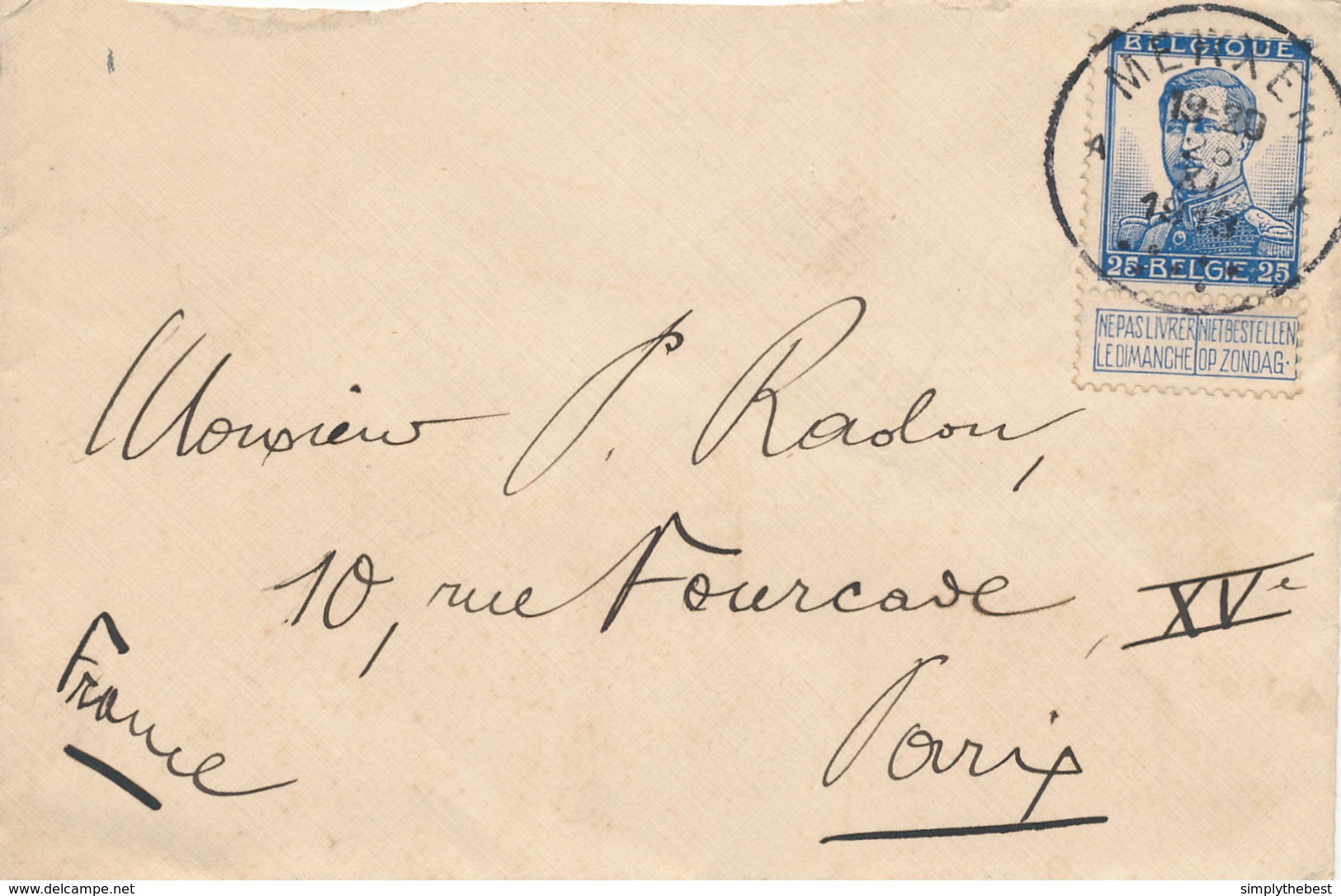 364/29 - Enveloppe TP Pellens 25 C MERXEM A 1913 Vers PARIS - 1912 Pellens