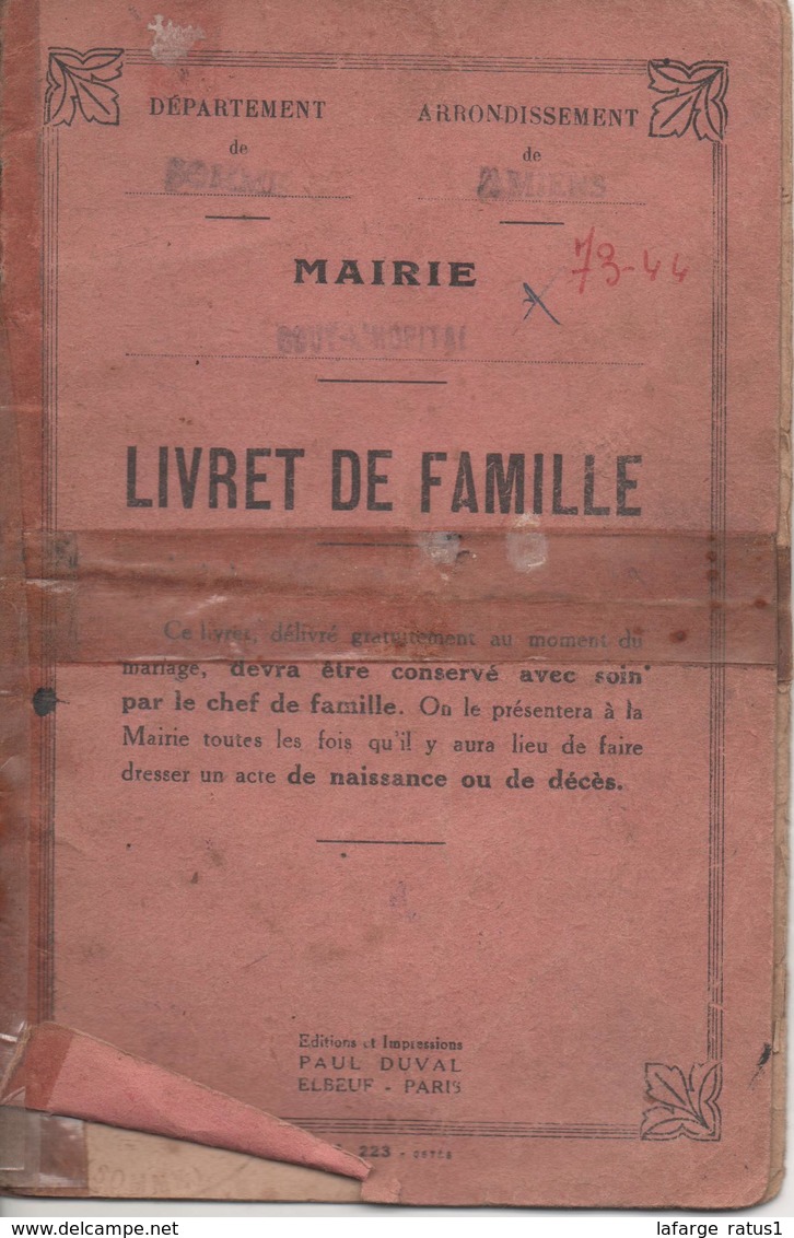 Livret De Famille Abime Mairie De Gouy L Hopital - Collections