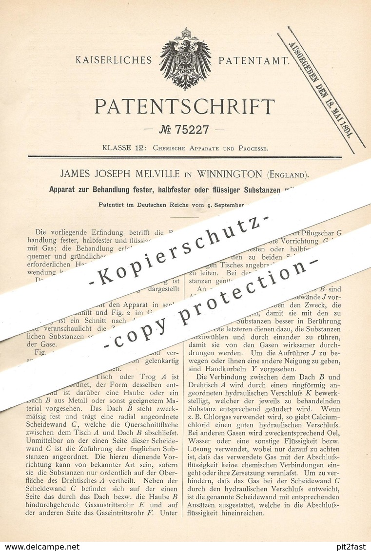 Original Patent - James Joseph Melville , Winnington , England , 1893 , Behandlung Fester Körper Mit Gas | Gase , Chemie - Historische Dokumente