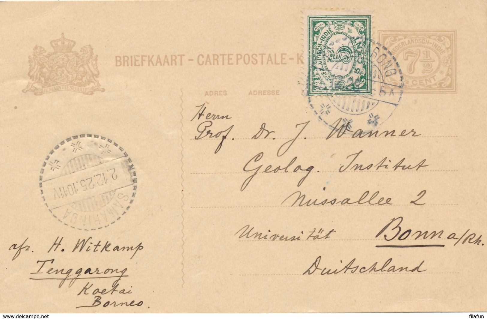 Nederlands Indië - 1925 - 7,5 Cent Briefkaart + 5 Cent Van LB TENGGARONG Naar Bonn / Deutschland - India Holandeses