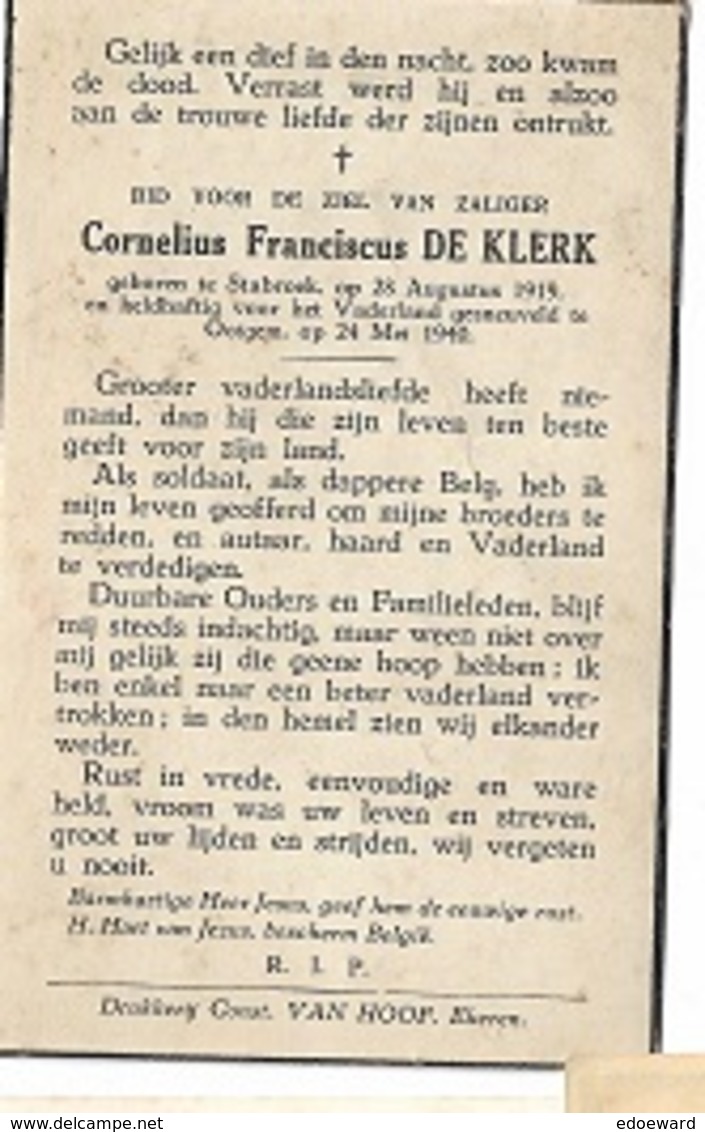 ZO1/ W.O. II/  ° STABROEK 1919 GESNEUVELD 00IGEM  1940  CORNELIUS DE KLERK Met Foto - Religion & Esotericism