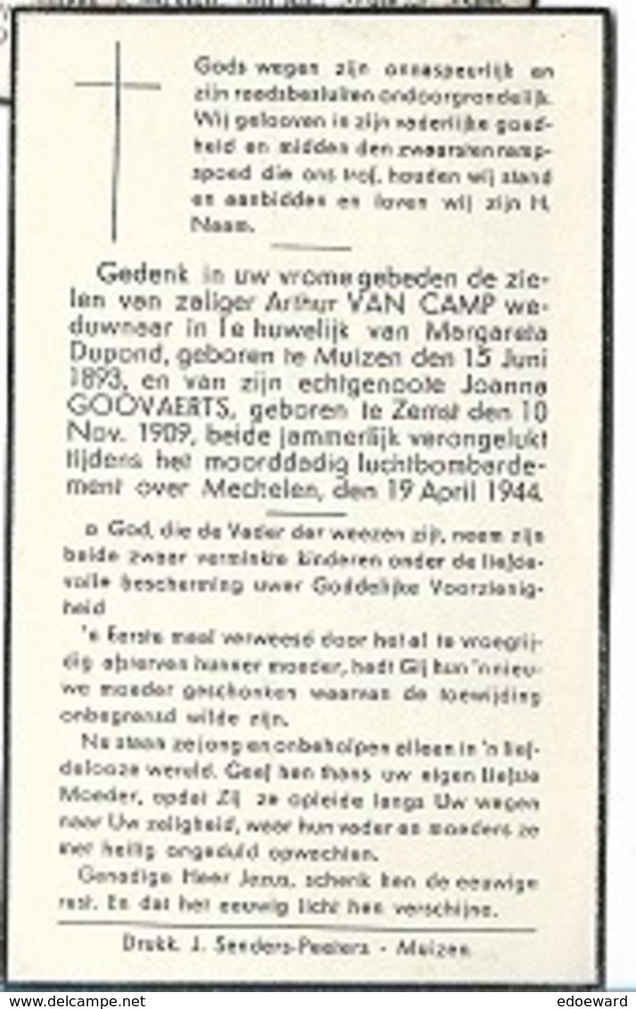 ZO1/ W.O. II/  ° MUIZEN 1893 EN ° ZEMST 1909 A.VAN CAMP EN JOANNA GOOVAERTS + 1944 BOMBARDEMENT - Religion & Esotericism