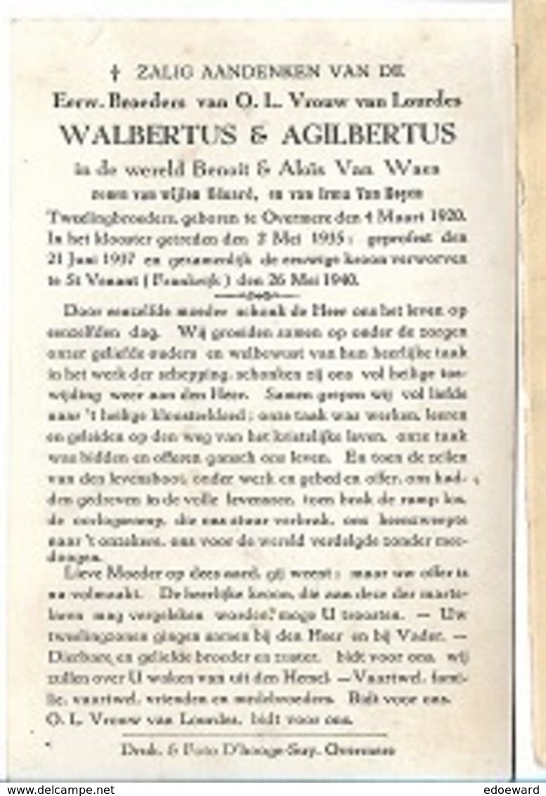 ZO1/ W.O. II/  °TWEELING BENOIT EN ALOIS VAN WAES (E.Broeders) + ST VENANT(FR)^1940 MET FOTO - Godsdienst & Esoterisme